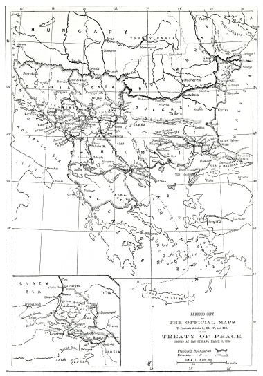 Χάρτης των εδαφών της Βαλκανικής χερσονήσου, με τις αλλαγές που επέφερε η συνθήκη του Αγίου Στεφάνου (1878).