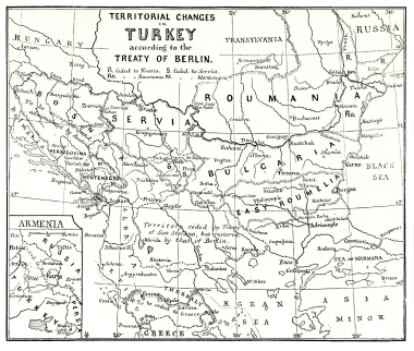 Χάρτης της Βαλκανικής χερσονήσου με τις αλλαγές που επέφερε η Συνθήκη του Βερολίνου (1878).