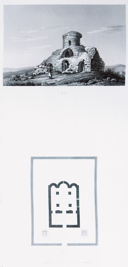 Εικ. 1. Κάτοψη του ναού του Αγίου Λέοντος στην Παλaιομεθώνη. Στον ίδο χώρο βρισκόταν παλαιότερα η Κιστερκιανή μονή Santa Maria del Viridario. Εικ. 2. Η Μονή του Αγίου Βασιλείου κοντά στις παλαιοχριστιανικές κατακόμβες του Αγίου Ονουφρίου.