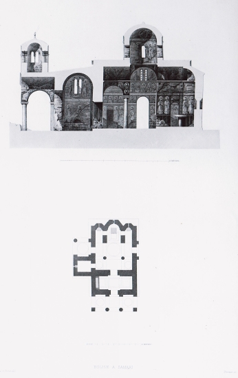 Τομή καθ'ύψος και κάτοψη της βυζαντινής μονής της Παναγίας της Σαμαρίνας στην Ανδρούσα.