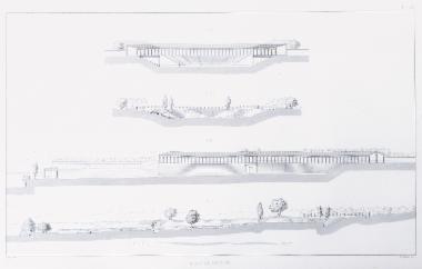 Εικ. 1 και 3: Όψη και πλάγια όψη του αρχαίου σταδίου και γυμνασίου της Μεσσήνης. Εικ. 2 και 4. Σχεδιαστική αποκατάσταση του αρχαίου σταδίου και γυμνασίου της Μεσσήνης: Όψη και πλάγια όψη.