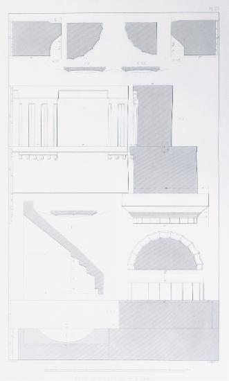 Aρχιτεκτονικές λεπτομέρεις θριγκού στη γωνία και κίονα δωρικού ρυθμού (κιονόκρανο και βάση) από τη στοά του αρχαίου σταδίου και γυμνασίου της Μεσσήνης.
