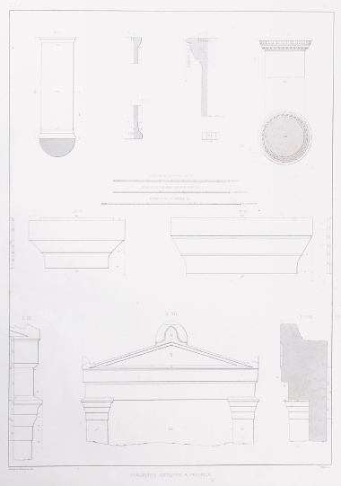 Εικ. 1 - 4. Σχεδιαστικές αποκαταστάσεις και αρχιτεκτονικές λεπτομέριες από κίονες εντειχισμένους σε βυζαντινή εκκλησία στη θέση Σταυρούλι Ηλέιας. Εικ. 5 - 9. Σχεδιαστικές αποκαταστάσεις και αρχιτεκτονικές λεπτομέριες μνημειακών τάφων με ναόσχημη πρόσοψη στη θέση Σταυρούλι Ηλέιας.