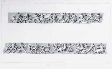 Σχεδιαστική αποκατάσταση της ζωφόρου του Ναού του Επικουρίου Απόλλωνα στις Βάσσες: Η μάχη των Ελλήνων, με αρχηγό τον Ηρακλή, εναντίον των Αμαζόνων (Αμαζονομαχία).