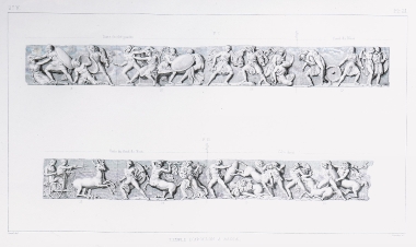 Σχεδιαστική αποκατάσταση της ζωφόρου του Ναού του Επικουρίου Απόλλωνα στις Βάσσες: Επάνω: Η μάχη των Ελλήνων, με αρχηγό τον Ηρακλή, εναντίον των Αμαζόνων (Αμαζονομαχία). Κάτω: Η μάχη των Λαπιθών και των Κενταύρων (Κενταυρομαχία).