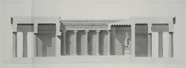 Τομή κατά μήκος του ναού του Επικουείου Απόλλωνα στις Βάσσες. Στη ζωφόρο, σκηνή της μάχης των Ελλήνων, με αρχηγό τον Ηρακλή, εναντίον των Αμαζόνων (Αμαζονομαχία).