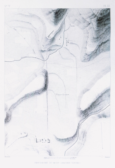 Τοπογραφικός χάρτης της περιοχής γύρω από τον αρχαίο στάδιο ή ιππόδρομο στο Λύκαιο Όρος, στην Αρκαδία.