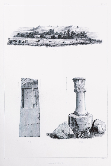 Εικ. 1. Άποψη της θέσης του αρχαίου θεάτρου της Μεγαλόπολης. Εικ. 2 και 3. Επιτύμβια στήλη και λείψανα κίονα που ο συγγραφέας εντόπισε σε περίβολο εκκλησίας στη Μεγαλόπολη.
