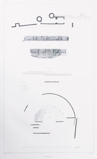 Εικ. 1. Κάτοψη τμήματος των τειχών της αρχαίας Μαντίνειας: Πύλη με οχυρωματικούς πύργους. Εικ. 2. Ερείπια κυκλικού οχυρωματικού πύργου. Εικ. 3. Ερείπια τετράγωνου οχυρωματικού πύργου. Εικ. 4, 5, 6. Τομή καθ' ύψος, κάτοψη και λεπτομέρεια διαζώματος του αρχαίου θεάτρου της Μαντίνειας.