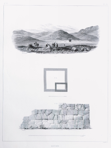 Εικ. 1. Τοπίο στη Μαντίνεια. Εικ. 2. και 3. Κάτοψη και σχεδιαστική αποκατάσταση λειψάνων αρχαίου οικοδομήματος που βρισκόταν στην κορυφή του λόφου Άη Γιώργη, στο χωριό Λουκάς, κοντά στη Μαντίνεια.