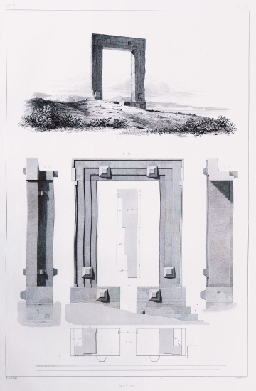 Η Πύλη του Ναού του Απόλλωνα (Πορτάρα) στη Νάξο: Άποψη, τομή καθ' ύψος και αρχιτεκτονικές λεπτομέρειες.
