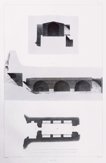 Χριστιανικές κατακόμβες της Μήλου: όψη της εισόδου, τομή καθ' ύψος και κάτοψη.