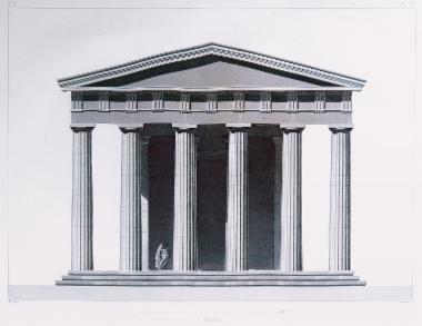 Ναός του Δία στη Νεμέα: Σχεδιαστική αποκατάσταση της πρόσοψης του ναού.