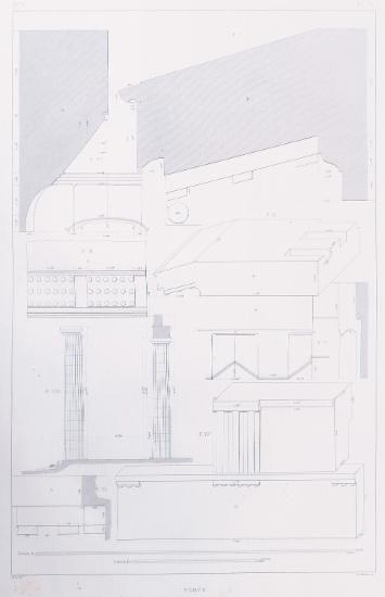 Ναός του Δία στη Νεμέα: Σχεδιαστικές αποκαταστάσεις, τομές καθ' ύψος και ανόψεις αρχιτεκτονικών μελών του θριγκού στη γωνία.