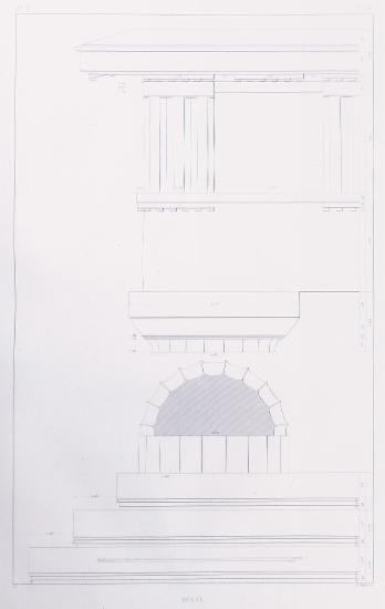 Ναός του Δία στη Νεμέα: Σχεδιαστική αποκατάσταση του θριγκού στη γωνία και της κρηπίδας, μαζί με λεπτομέρειες δωρικού κίονα.