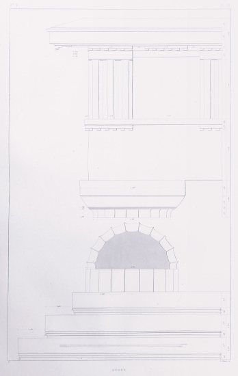 Ναός του Δία στη Νεμέα: Σχεδιαστική αποκατάσταση του θριγκού στη γωνία και της κρηπίδας, μαζί με λεπτομέρειες δωρικού κίονα.