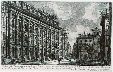 Η πλαϊνή κιονοστοιχία του ναού του Αδριανού, τον οποίο έχτισε ο διαδοχός του Αντωνίνος Πίος, στη Ρώμη.