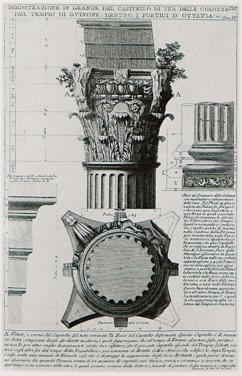 Ναός του Στάτορος Δία στη Ρώμη: Όψη και άνοψη κιονοκράνου κορινθιακού ρυθμού. Κάτω αριστερά: Τμήμα του θριγκού στη γωνία. Πάνω δεξιά: Βάση κίονα.