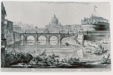 Το Καστέλ Σαντ' Άντζελο (μαυσωλείο του Αδριανού) και η γέφυρα Σαντ' Άντζελο στη Ρώμη. Στο βάθος η βασιλική του Αγίου Πέτρου.