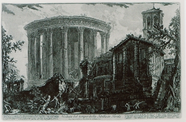 Άποψη του μνημείου που παραδοσιακά αποκαλείται ναός της Βέστα στο Τίβολι. Στο πρώτο επίπεδο δεξιά ο ναός της Σίβυλλας Αλβουνέας ή Σίβυλλας του Τίμπουρ (Τίβολι).