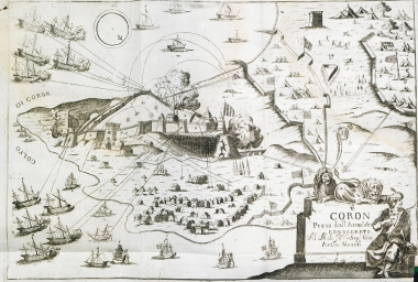 Άποψη της Κορώνης κατά την πολιορκία της από τους Βενετούς στον ΣΤ΄ Βενετο-οθωμανικό Πόλεμο.