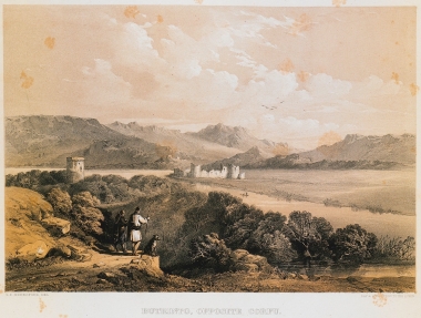 Τοπίο στο Βουθρωτό της Αλβανίας. Στο βάθος, απεικονίζεται πιθανότατα το κάστρο του Αλή πασά.