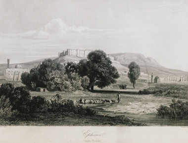 Άποψη των ρωμαϊκών ερειπίων της Εφέσου από το Σελτζούκ. Στο λόφο διακρίνεται το κάστρο της πόλης (κάστρο Αγιασουλούκ).