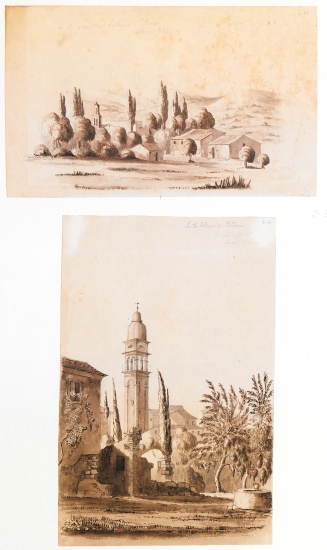 Επάνω: Η εκκλησία του Αγίου Ρόκκου στη θέση της πλάτείας Σαρόκο (σήμερα πλατεία Θεοτόκη) στην Κέρκυρα. Κάτω: Η εκκλησία του Αγίου Βάρβαρου στον Ποταμό, Κέρκυρα.