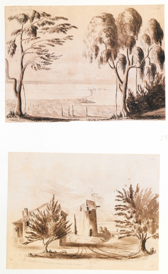Επάνω: Άποψη της πόλης της Λευκάδας. Κάτω: Οικία στην Κεφαλονιά, ίσως η οικία της κόμησσας Βαλσαμή.