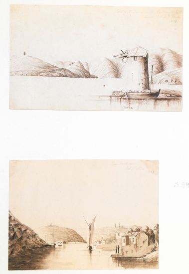 Επάνω: Άποψη του λιμανιού στο Βαθύ Ιθάκης. Κάτω: Το λιμάνι των Παξών, Οκτώβριος 1834.