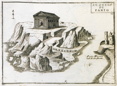 Φανταστική απεικόνιση του ναού του Απόλλωνα στην αρχαία Πρεπέσινθο, στο Δεσποτικό Αντιπάρου.