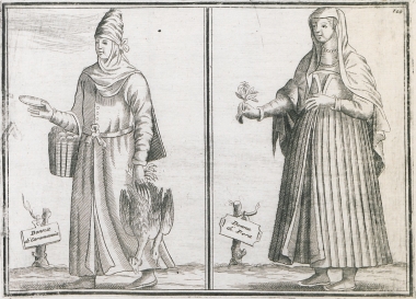 Αριστερά: Γυναίκα της Καραμανίας. Δεξιά: Φραγκολεβαντίνα γυναίκα αριστοκρατικής τάξης από το Πέρα (σημερινό Μπέιογλου).