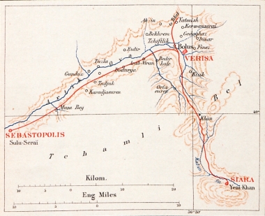 Χάρτης της περιοχής ανατολικά του Σουλού Σεράι (Σεβαστούπολις), μεταξύ των βυζαντινών πόλεων Βόρυζα (σήμερα Άκτεπε) και Σιάρα (σήμερα Γιλντίζελι).