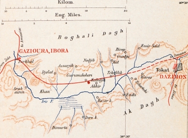 Χάρτης της πεδιάδας Καζ που εκτείνεται από το Τοκάτ μέχρι το Τουρχάλ.