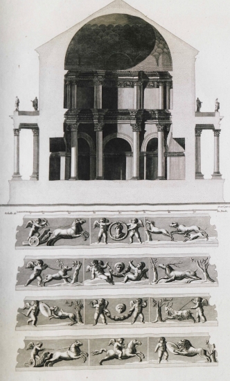 Το μαυσωλείο του Διοκλητιανού (σήμερα τμήμα του καθεδρικού ναού) στο Σπλιτ: Τομή καθ'ύψος (επάνω), λίθοι από την ζωφόρο.