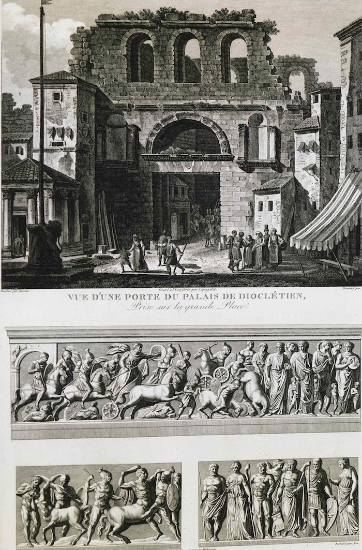 Επάνω: Η Χρυσή (βόρεια) Πύλη του ανακτόρου του Διοκλητιανού, στο Σπλιτ. Κάτω: Ανάγλυφες παραστάσεις από το Σπλιτ.