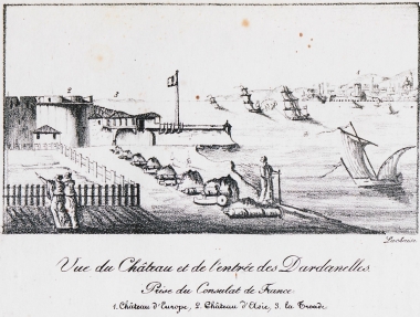 Άποψη των κάστρων των Δαρδανελλίων. Στα αριστερά το Κάστρο Σουλτανιγιέ και στα δεξιά το κάστρο Κιλίτ Μπαχίρ.