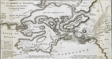 Χάρτης της δυτικής Αττικής και της Σαλαμίνας όπου σημειώνονται οι θέσεις του Αθηναϊκού και του Περσικού στόλου κατά την ναυμαχία της Σαλαμίνας (480 π.Χ.).