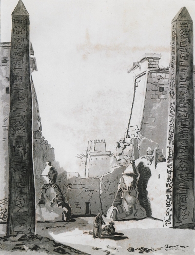 Ο πυλώνας του Ναού του Λούξορ (αρχαίες Θήβες) με τα γιγάντια αγάλματα του Ραμσή Β΄και τους ομώνυμους οβελίσκους (σήμερα μόνο ο ένας παραμένει στον χώρο).