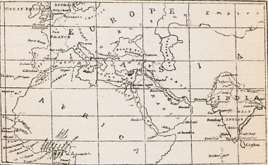 Χάρτης της Ευρώπης, της Ασίας και της Αφρικής. Με μαύρο χρώμα σημειώνεται η θέση της Κύπρου.