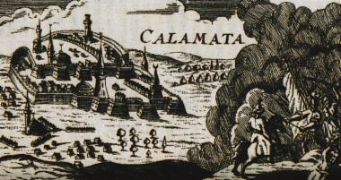 Το κάστρο της Καλαμάτας. Στα δεξιά στιγμιότυπο από την πολιορκία της πόλης από τους Βενετούς κατά τον ΣΤ΄ Βενετο-οθωμανικό πόλεμο.