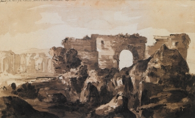 Το νυμφαίο (στο βάθος) και τα λουτρά της Νικόπολης. Αύγουστος 1810.