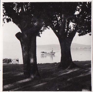 Δύο άνδρες μέσα σε βάρκα, ο ένας από τους οποίους κωπηλατεί. Φωτογραφία αριθμημένη (799), επικολλημένη σε λεύκωμα με λυτά φύλλα, στο οποίο υπάρχει η ένδειξη (σε επικολλημένο χαρτί) 