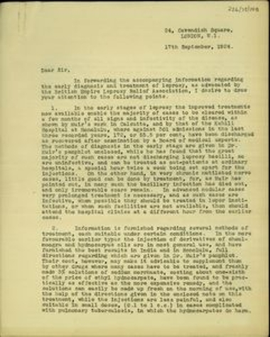 Επιστολή του Leonard Rogers σχετικά με τη διάγνωση και τη θεραπεία της λέπρας.