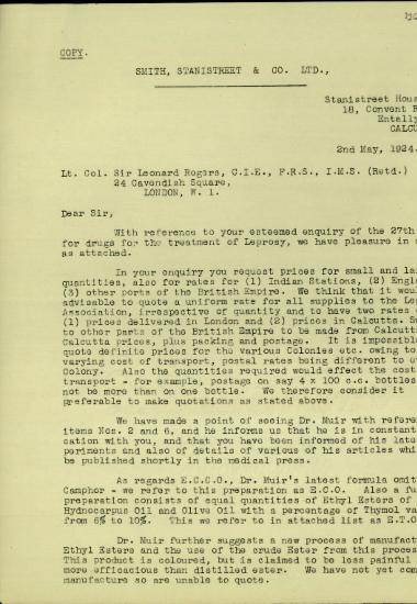 Επιστολή του διευθυντή της Smith, Stanistreet & Co. Ltd., D.S. Matthias, προς τον Leonard Rogers σχετικά με τα φάρμακα για τη θεραπεία της λέπρας.