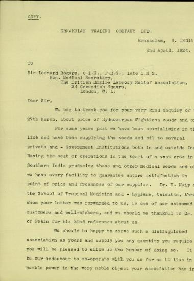 Επιστολή του Διευθύνοντα Συμβούλο της Ernakulam Trading Company Ltd., K.M. Pracie, προς τον Leonard Rogers με την οποία τον ενημερώνει για τη δυνατότητα της εταιρείας του να τον προμηθεύσει με σπόρους και λάδι από το δέντρο Hydnocarpus Wightiana χρήσιμων για τη θεραπεία της λέπρας.
