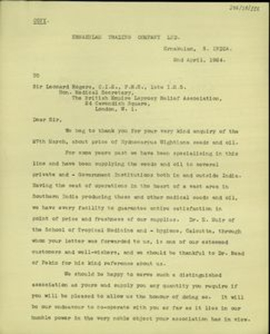 Επιστολή του Διευθύνοντα Συμβούλο της Ernakulam Trading Company Ltd., K.M. Pracie, προς τον Leonard Rogers με την οποία τον ενημερώνει για τη δυνατότητα της εταιρείας του να τον προμηθεύσει με σπόρους και λάδι από το δέντρο Hydnocarpus Wightiana χρήσιμων για τη θεραπεία της λέπρας.