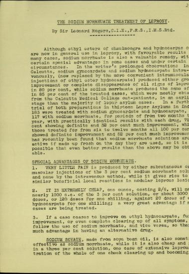 Σημείωμα του Leonard Rogers σχετικά με τη θεραπεία της λέπρας με τη χρήση sodium morrhuate.