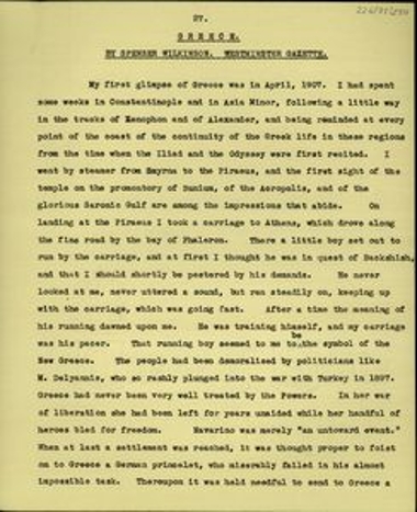 Άρθρο του Spenser Wilkinson στην Westminster Gazette, σχετικά με την Ελλάδα.