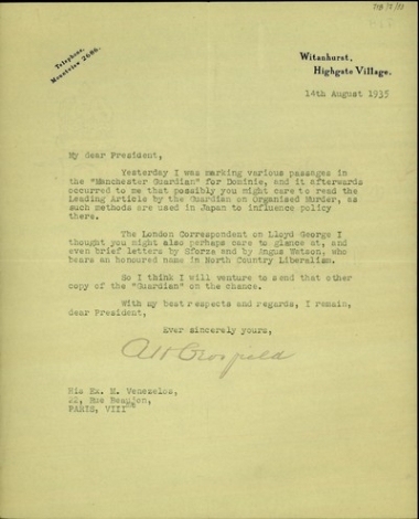 Επιστολή του A. Crosfield προς τον Ελ. Βενιζέλο